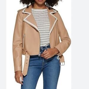 Levis NEW Tan Brown Vegan Leather Moto Jacket Medium‎ White Accents $150 MSRP